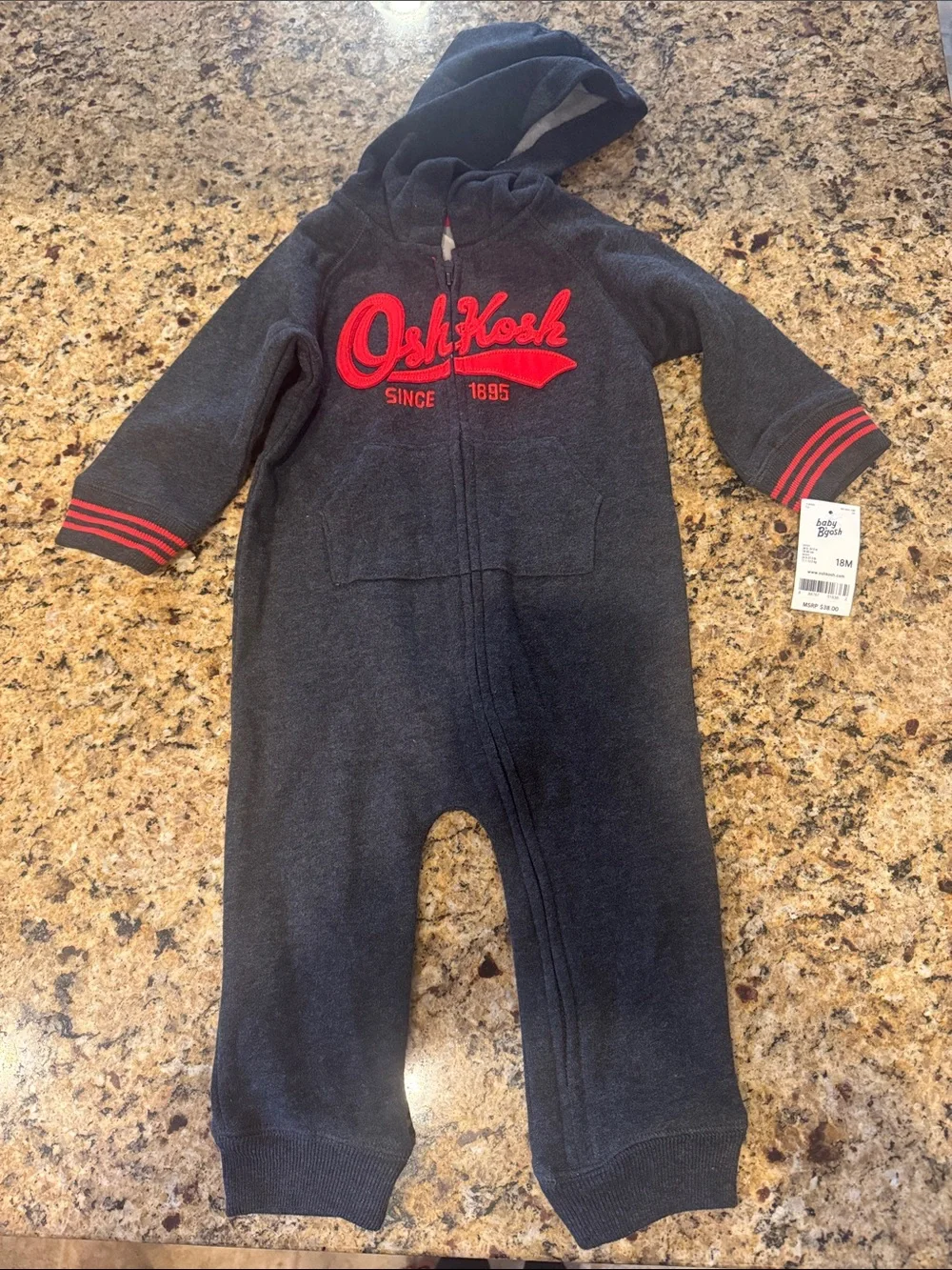 OshKosh B'gosh Charcoal Hooded One-Piece with Red Logo and Stripe Accents
